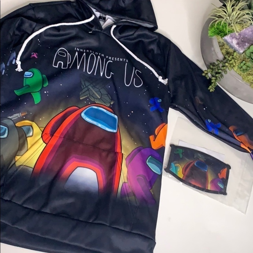 NWT Among Us outer space hooded sweatshirt & mask multi color small